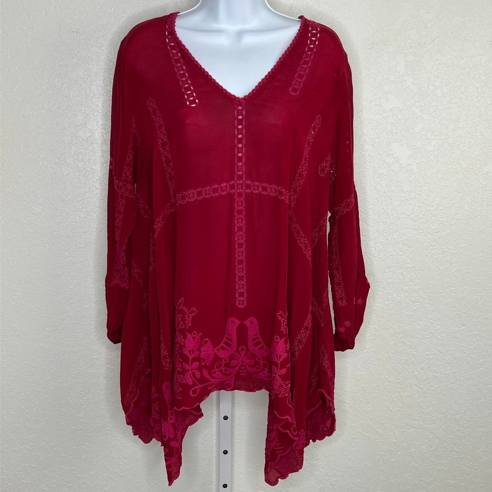 Johnny Was Crimson Blouse fuschia embroidery with Eyelet Trim Long Sleeve Medium - Picture 2 of 16